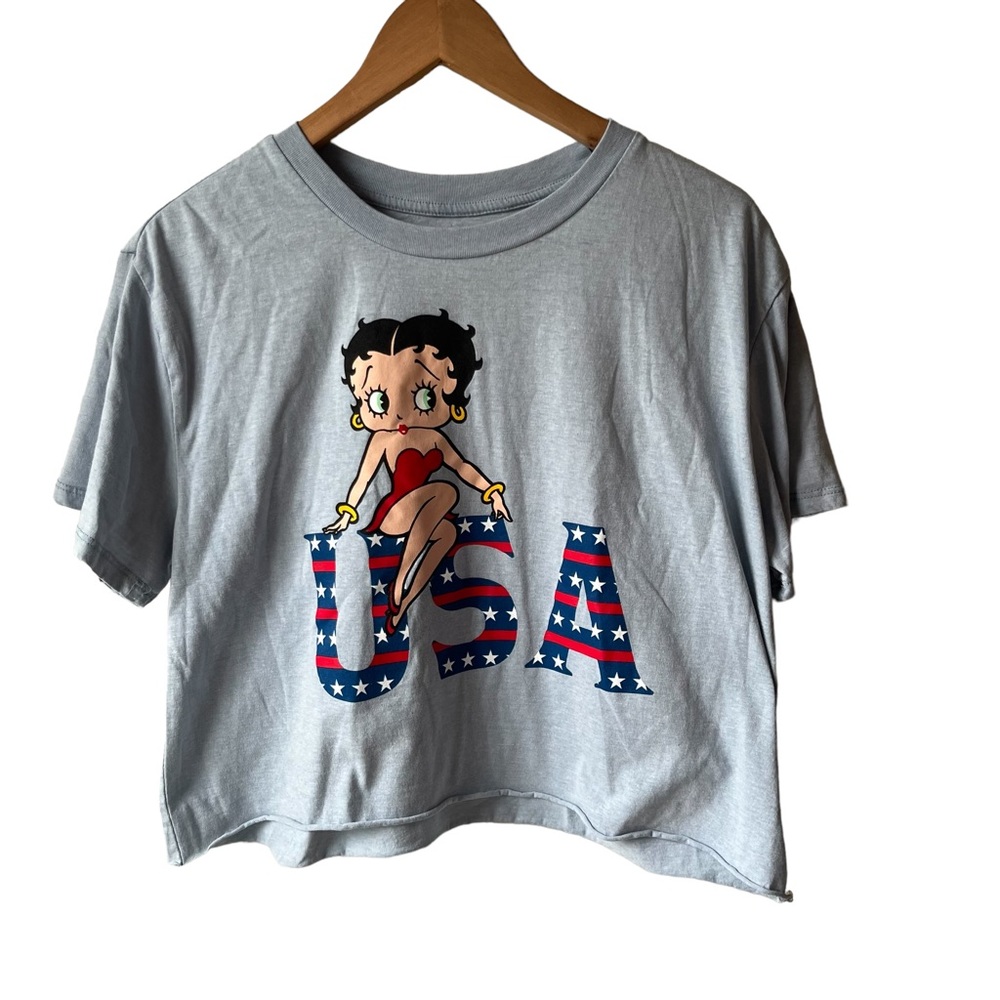 Betty Boop Cropped Graphic Short Sleeve Tee, Light Blue, Size: XL